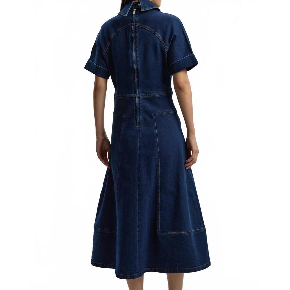 NEW KAREN MILLEN stretch denim tab belt midi dress - petite in mid wash - Picture 2 of 4
